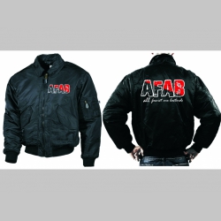 AFAB All Fascist are Bastards čierna zimná letecká bunda BOMBER Winter Jacket s límcom, typ CWU z pevného materiálu s masívnym zipsom na zapínanie 100%nylón, čiastočne vodeodolná